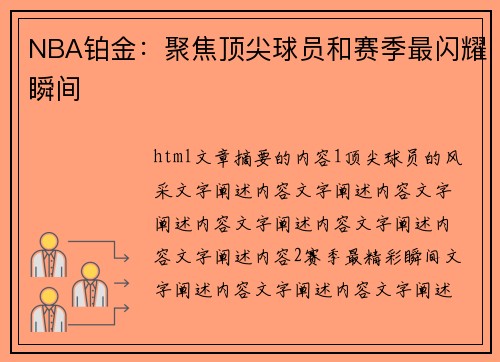 NBA铂金：聚焦顶尖球员和赛季最闪耀瞬间